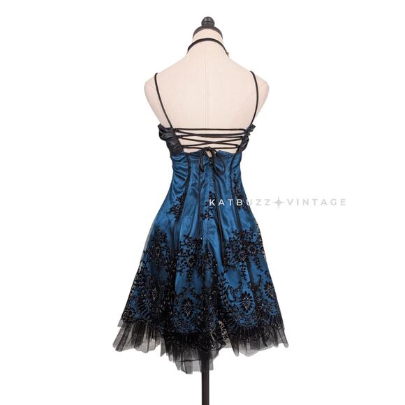 Blondie Nites Mini Dress 2 Blue Black Goth Corset Lace Y2K 90S Prom Floral Short - Picture 4 of 10